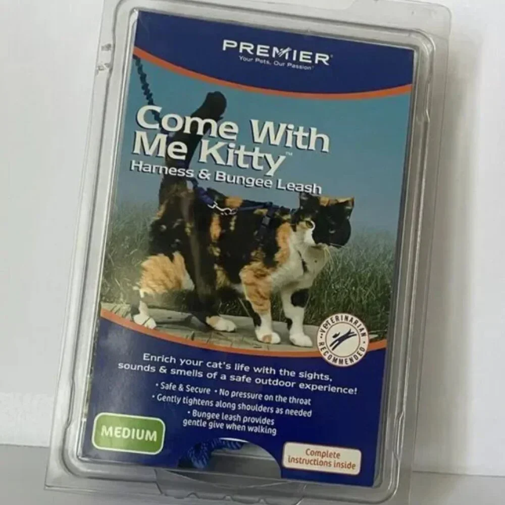 vintage Come With Me Kitty Cat Harness & Bungee Leash Medium Blue Outdoor Walk